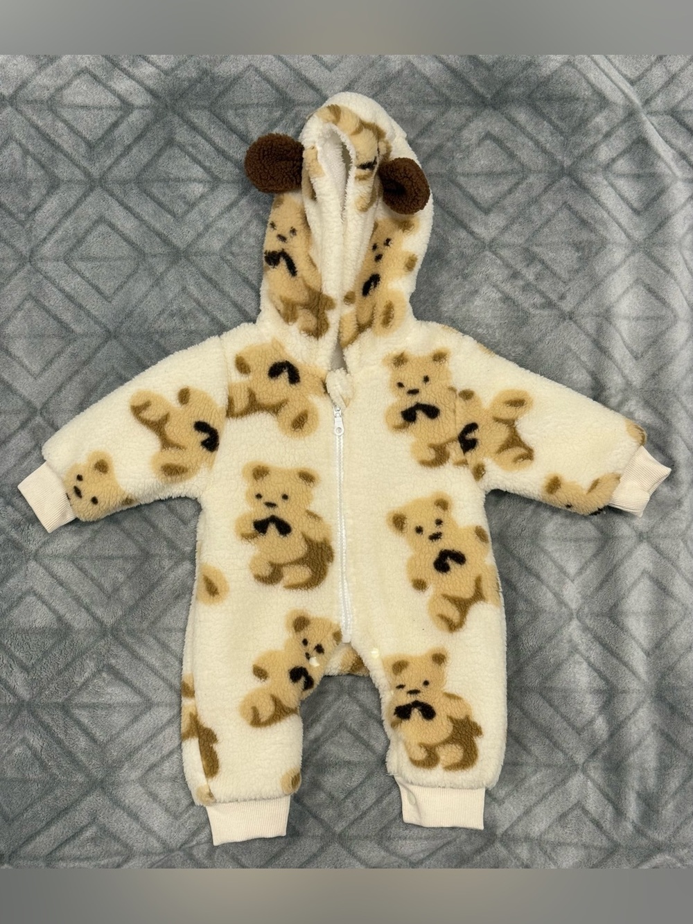 Baby Unisex Teddy Bear Fleece Hooded Coverall 3-6M Cream Tan Bear Print